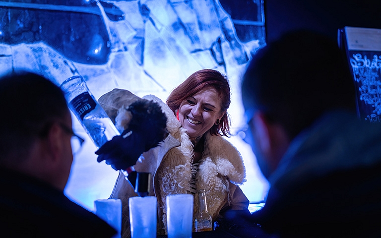 Serving drinks in the icebar